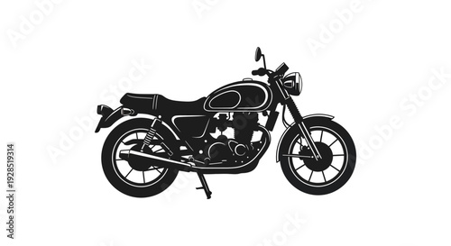 Black silhouette of a classic motorcycle side view with detailed engine and wheels