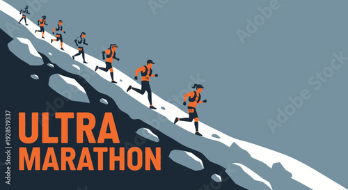 Athletic Ultra Marathon Runners Ascending a Mountain in a Dynamic and Stylized Visual