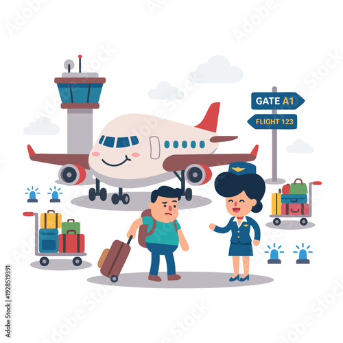 Happy cartoon airplane at airport with passengers and luggage.