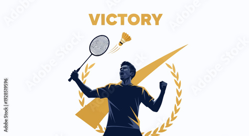 Badminton Champion Celebrating A Hard Won Victory With Racket And Shuttlecock Illustration