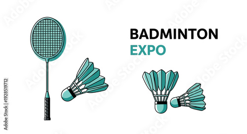 Badminton Expo: Sport Design Featuring Racquet, Shuttlecocks, and Event Graphics Elements