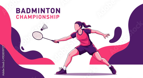 Badminton Championship Illustration Showcasing Female Athlete Performing a Powerful Smash in Action