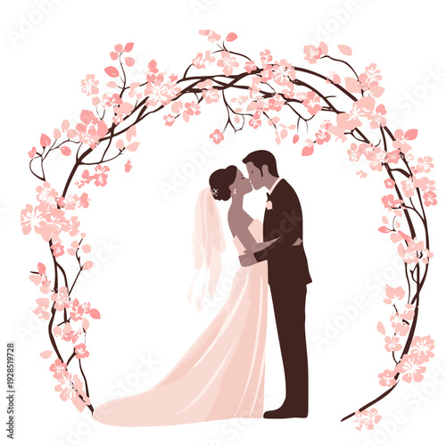 Romantic silhouette illustration of a bride and groom kissing under a pink cherry blossom floral arch, perfect for spring wedding invitations, bridal shower decor, and anniversary cards.