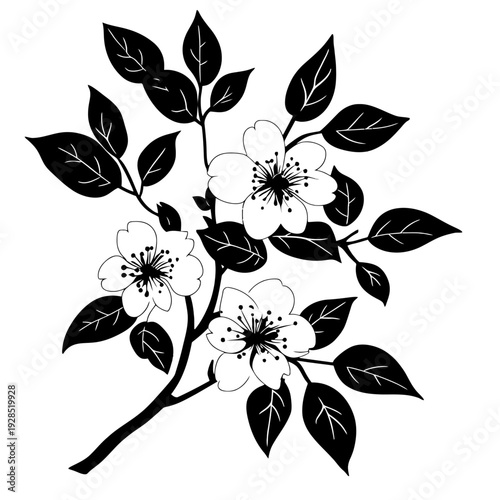 Elegant floral branch line art illustration of cherry blossoms with leaves, minimalist botanical drawing for wedding invitations, spring greeting cards, and nature-inspired home decor designs.
