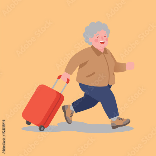 Happy Elderly Woman Traveling with Suitcase.