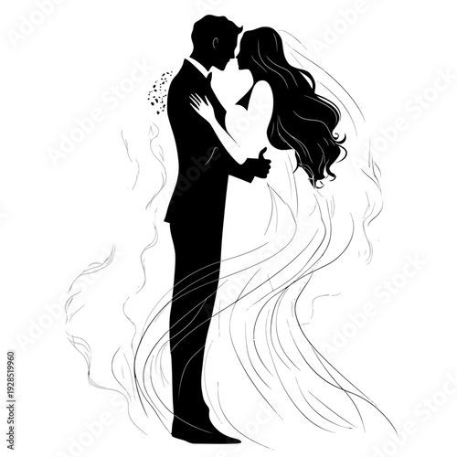 Elegant black and white silhouette illustration of a man and woman in a romantic embrace, celebrating love and togetherness for wedding invitations, anniversaries, and ballroom dance concepts.