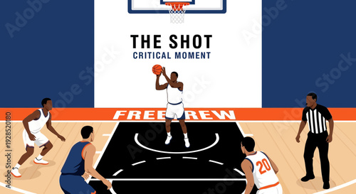 Basketball Action: Critical Moment Depicted With Players, Referee, And Court Elements