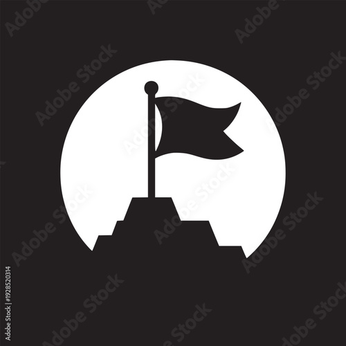 Flag atop mountain peak symbolizes success, achievement, and conquering challenges in business