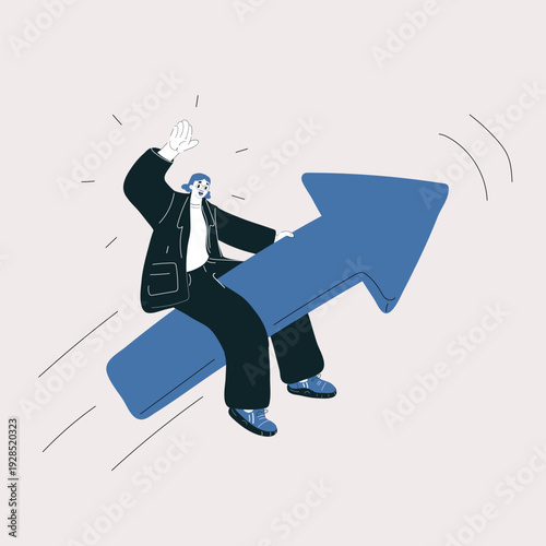 Cartoon vector illustration of a woman flying forward on an arrow, concept of innovation, creativity, and bold ideas