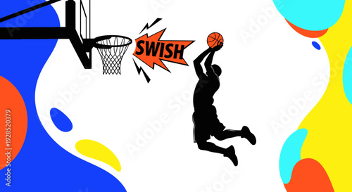 Basketball Action Silhouette With Colorful Abstract Background Swishing Through The Hoop