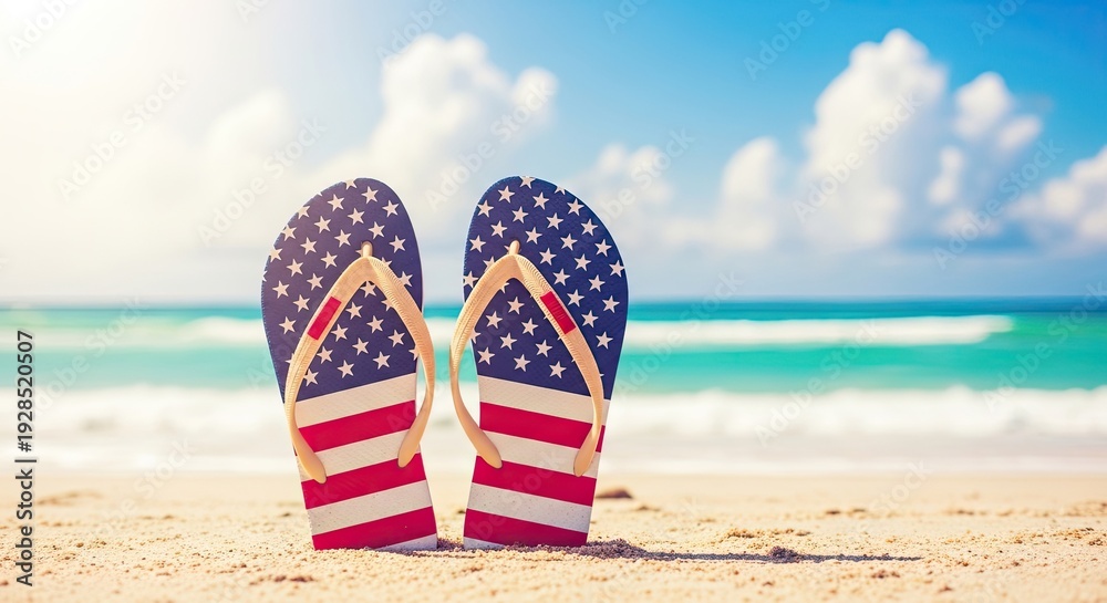 Naklejka premium Labor day beach getaway with patriotic flip flops