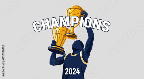 Basketball Champion Silhouette Celebrating Victory, Holding Trophy, Displaying Champions 2024
