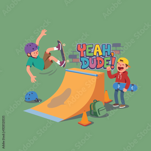 Kids skateboarding and having fun at a skatepark with a ramp and text saying Yeah Dude.