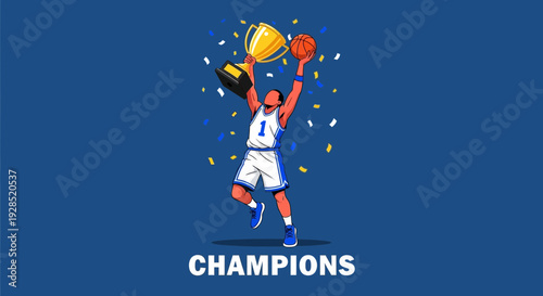 Basketball Champion Celebrating Victory Holding Trophy and Ball With Colorful Confetti