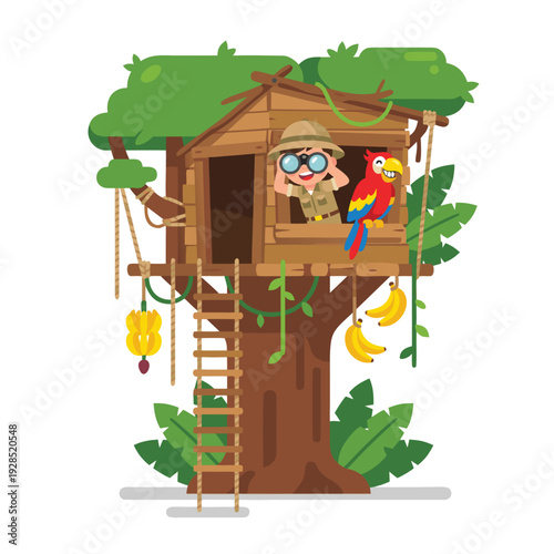 Jungle Treehouse Adventure with Explorer and Parrots.