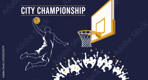 Basketball Champion Silhouette with a Basketball Player Slam Dunking and Celebrating Crowd