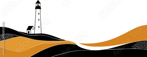 Minimalist lighthouse landscape with abstract waves and copy space