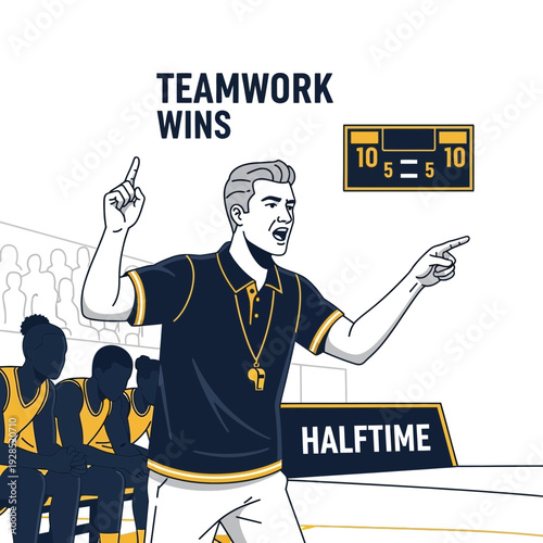 Basketball Coach Delivering Instructions and Encouragement to Players During Halftime