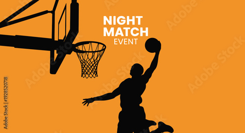 Basketball Night Match Event: Silhouetted Player Making a Slam Dunk in a Game Setting