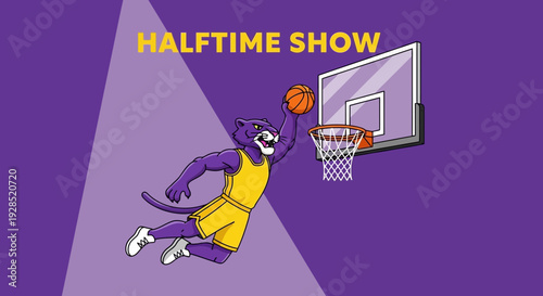 Basketball Panther Performs Dunk During Halftime Show, Vibrant Illustration, Sports Action