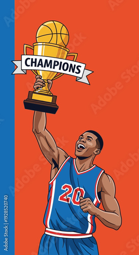 Basketball Player Celebrates Victory, Holding Champions Trophy High Above Head, Vector Illustration