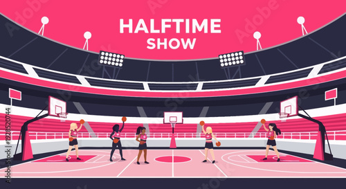Basketball Court Halftime Show Depicts Cheering Sports Players During Sport Event