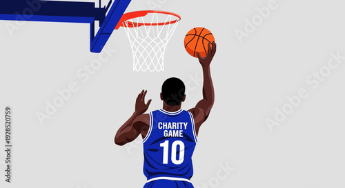 Basketball Player Draining A Shot During Charity Game Depicted In Colorful Illustration