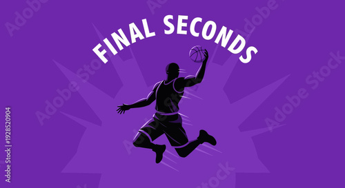 Basketball Player in Dynamic Action Silhouette Illustrating Final Game Seconds, Purple Background
