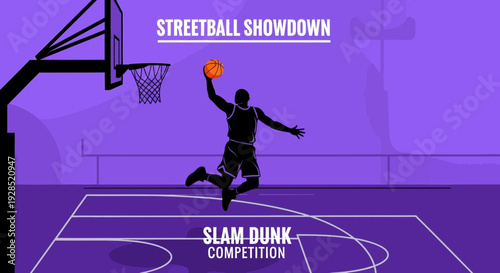 Basketball Player Performing a High Dunk During the Intense Streetball Showdown Event