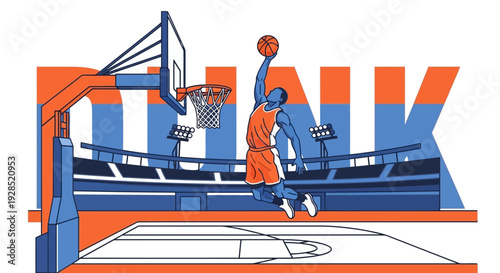 Basketball Player Performing a Dunk in a Stadium Illustrative Design