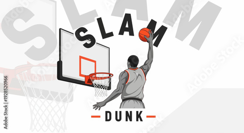 Basketball Player Performing a Powerful Slam Dunk Motion Against a White Background Design