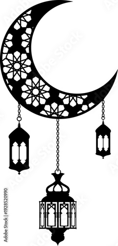 Crescent with lantern decoration. Muslim lantern on ramadan