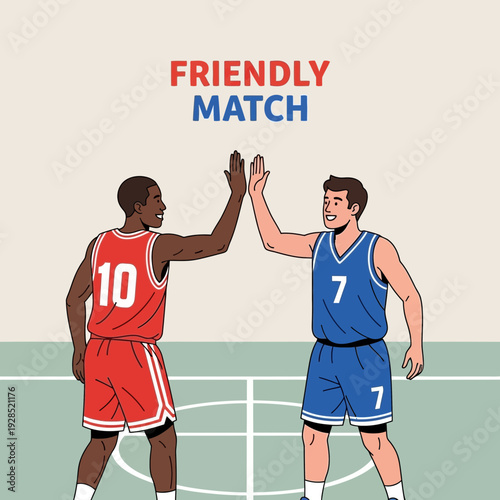 Basketball Players High-Fiving During a Friendly Match Illustrating Teamwork and Sportsmanship