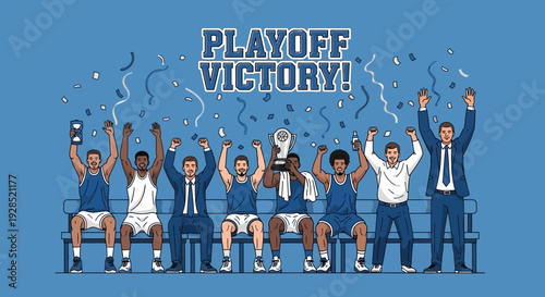 Basketball Team Celebrates Playoff Victory After Winning The Championship Trophy Together