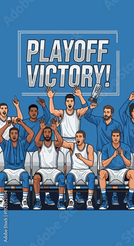 Basketball Team Celebrates Playoff Victory Holding Trophy, Exuberant Joy Among Fans