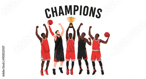 Basketball Team Celebrating Victory With Trophy Under Champions Banner In A Unique Style