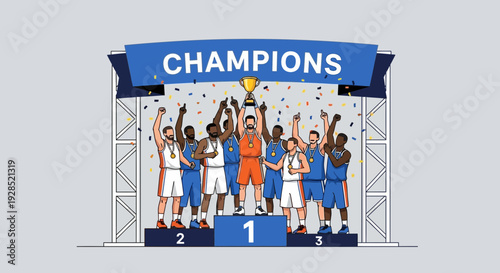 Basketball Team Celebrating Championship Victory, Holding Trophy, On The Podium