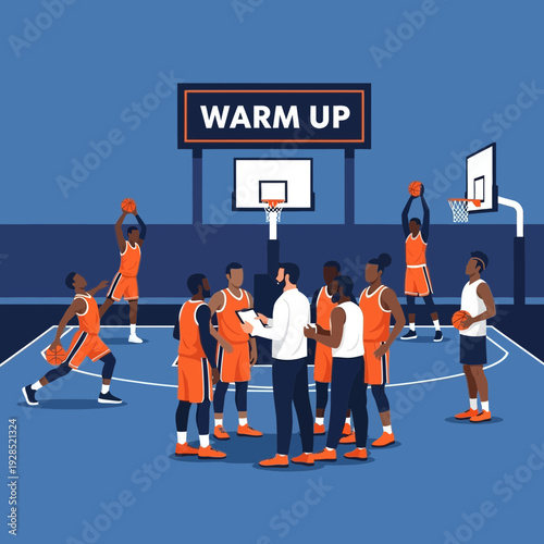 Basketball Team During Warm-Up Session with Coach Discussing Strategy, Ready for Game Play
