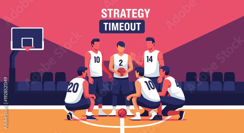 Basketball Team Strategic Huddle During Timeout Depicted in Vector Illustration
