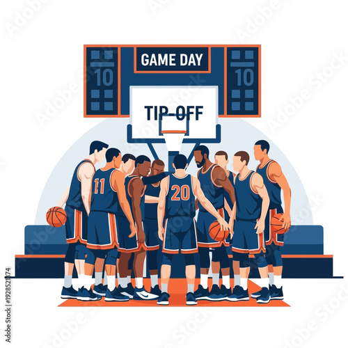 Basketball Team's Animated Huddle Before Game, Illustrated Scene of Sport and Competition