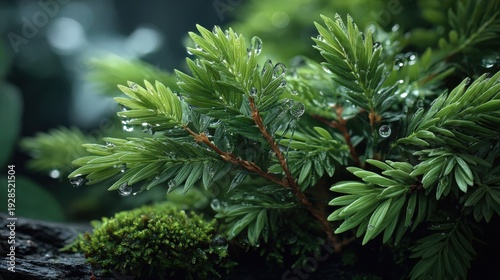 Evergreen Branch with Raindrops Macro
