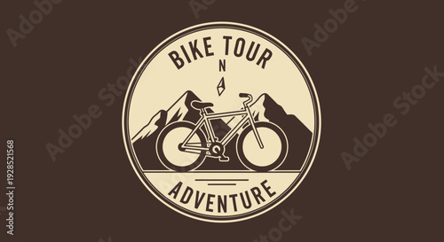 Bike Tour Adventure Emblem: A Retro Illustration of Cycling and Mountain Scenery