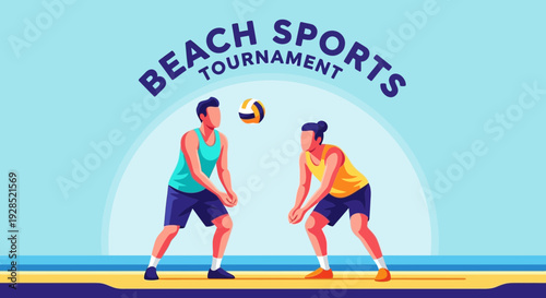 Beach Volleyball Tournament Illustration Depicting Two Players in Energetic Action at Seaside