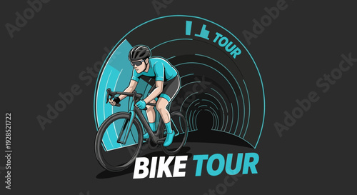 Bike Tour Illustration Featuring Cyclist Riding Through a Tunnel For Adventure and Exploration