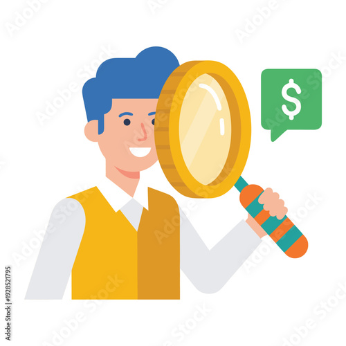 Man with Magnifying Glass Searching for Money.