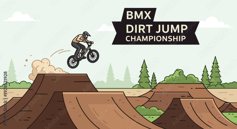 Fototapeta premium BMX Dirt Jump Championship Illustration Depicting a Rider Performing a Stunt in a Vector Graphic