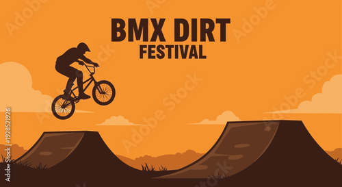 Bmx Dirt Festival: Silhouette Of A Biker Jumping Off Ramp Against Orange Background