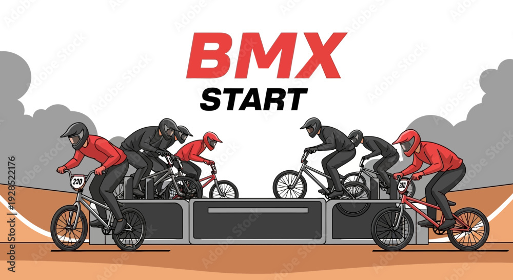 Naklejka premium Bmx Race Athletes Ready At The Starting Line Vector Illustration Sport Activity