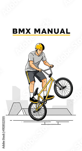 BMX Manual: Artistic Depiction of a Cyclist Skillfully Performing a Stance in Urban Area