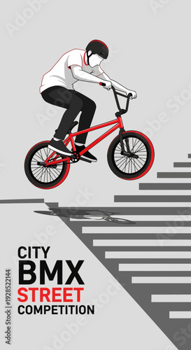 BMX Rider Executes Aerial Stunt During City Street Competition Over Staircase Illustration